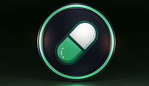 Ein grünes und weißes Kapselpillen-Symbol, inspiriert von Pump.fun, befindet sich in der Mitte eines dunklen, runden Hintergrunds mit einem äußeren Ring in Allzeithoch-Grün.