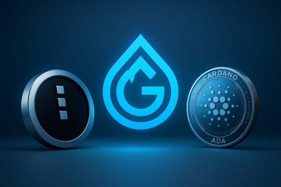 Zwei Kryptowährungsmünzen, darunter MIDNIGHT NIGHT und Cardano ADA befinden sich auf beiden Seiten eines blau leuchtenden Glacier Drop-Logos.
