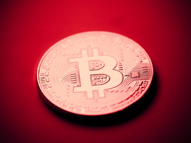 Eine Nahaufnahme einer Bitcoin-Münze auf rotem Hintergrund, die das ikonische Bitcoin-Logo und komplizierte, kreislaufähnliche Designdetails hervorhebt.