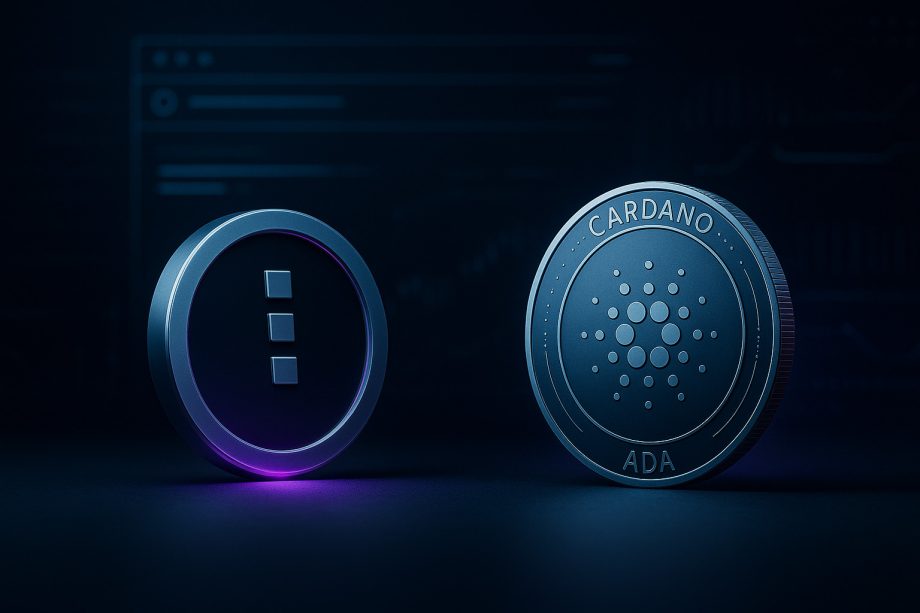 Midnight- und Cardano-Münze vor blauem, futuristischem Hintergrund, Symbol für Browser-Mining in der Scavenger-Mine-Phase