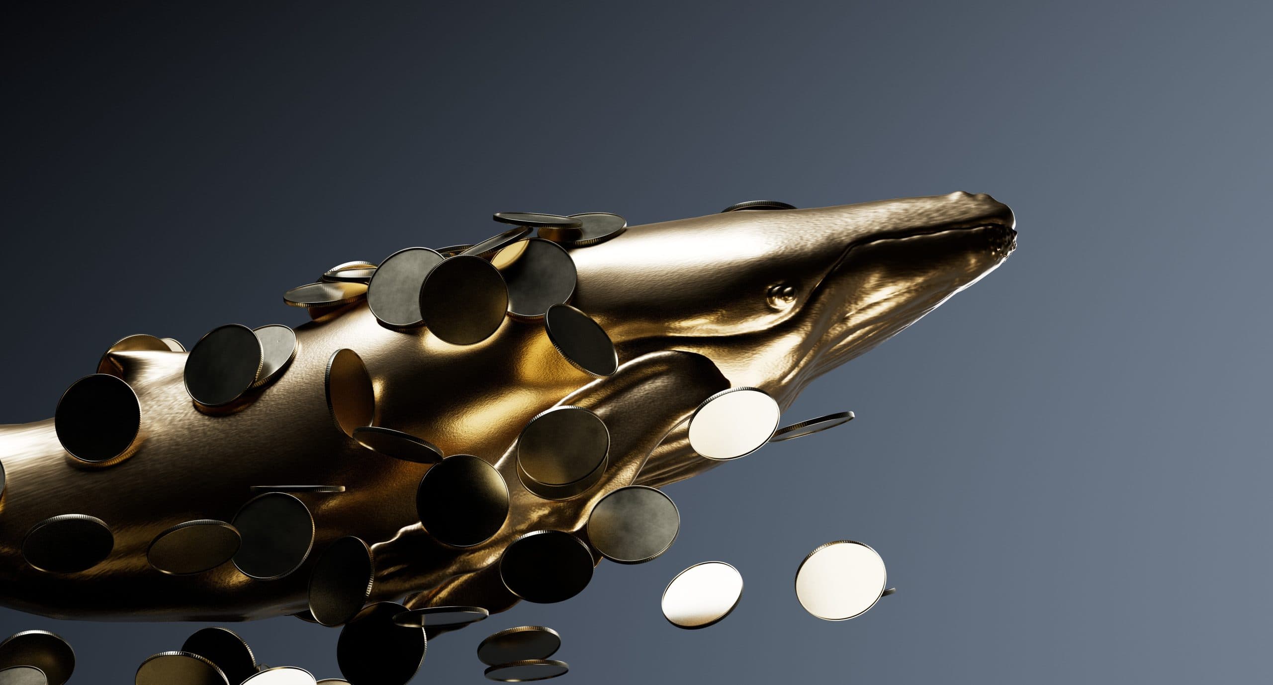 Nach Abverkauf: Ethereum-Wale zeigen wieder Kaufinteresse Eine Metallskulptur eines Wals mit runden, münzähnlichen Scheiben an seinem Körper vor einem Hintergrund mit Farbverlauf.