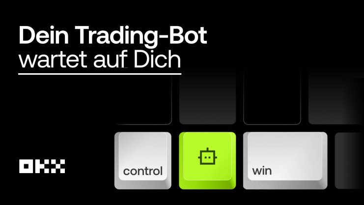 Ein schwarzer Hintergrund mit dem Text Dein Trading-Bot wartet auf Dich, OKX-Logo und Tastaturtasten mit der Aufschrift control, eine grüne Taste mit einem Robotersymbol für automatisiertes Traden und win.