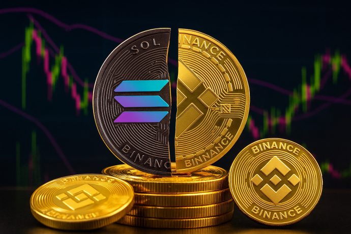 Gespaltene Münze mit Solana- und Binance-Logo als Symbol für sinkende Solana-Aktivität und steigende Binance-Dominanz
