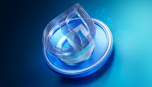 Ein transparentes, dreidimensionales, abstraktes Symbol sitzt auf einem hellblauen, kreisförmigen Sockel, der mit sanftem Licht beleuchtet und von Lichtpartikeln umgeben ist. Es steht für die SUI TVL, die ein neues Allzeithoch erreicht hat.