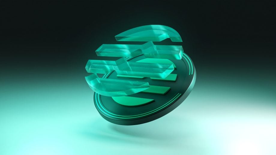 Ein türkisfarbenes, transluzentes, abstraktes 3D-Symbol, das über einer passenden runden Basis vor einem dunklen Hintergrund mit Farbverlauf schwebt.