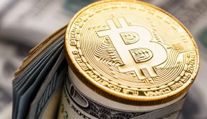 Profitiert Bitcoin von einer Bankenkrise? Eine goldfarbene Bitcoin-Münze ruht auf einem gerollten Stapel von US-Hundertdollarscheinen und symbolisiert die wachsende Verbindung zwischen Bitcoin und traditionellem Bargeld.