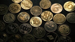 Eine Sammlung verschiedener physischer Münzen, die Kryptowährungen wie Bitcoin, Ethereum, Dogecoin und andere Altcoins repräsentieren - und den Geist der Altcoin-Saison perfekt einfangen - dicht aneinandergereiht auf einer dunklen Oberfläche.