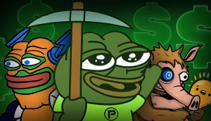 Drei Cartoon-Froschfiguren, von denen eine eine Spitzhacke in der Hand hält, stehen Seite an Seite vor einem grünen Hintergrund mit Dollarzeichen und fangen die spielerische Energie von Altcoins und die HYPER-Stimmung der SNORT-Community ein.