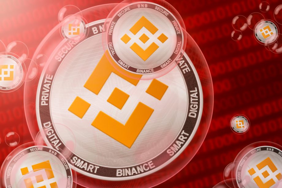 Eine digitale Illustration mit mehreren Binance-Logos in transparenten Kreisen vor einem roten Hintergrund, der mit Binärcode gefüllt ist.