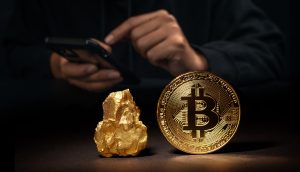 Eine Person, die ein Smartphone benutzt, sitzt hinter einem Goldnugget und einer großen Bitcoin-Münze und verdeutlicht, dass deutsche Anleger die Wahl zwischen traditionellem Gold und digitalen Vermögenswerten haben.