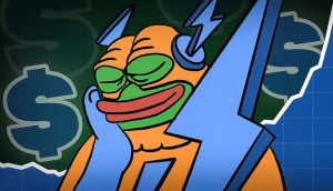 Illustration eines entspannten Cartoon-Froschs, der blaue Kopfhörer trägt, mit Dollarzeichen, einem steigenden Aktienchart und "Bitcoin Hyper Presale"-Elementen im Hintergrund.