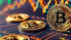 Vier goldene Bitcoin-Token sind auf einer Fläche platziert, die bunte Bitcoin-Kursdiagramme und Kryptowährungsgrafiken zeigt.