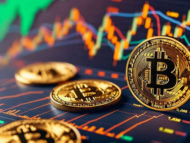 Vier goldene Bitcoin-Token sind auf einer Fläche platziert, die bunte Bitcoin-Kursdiagramme und Kryptowährungsgrafiken zeigt.