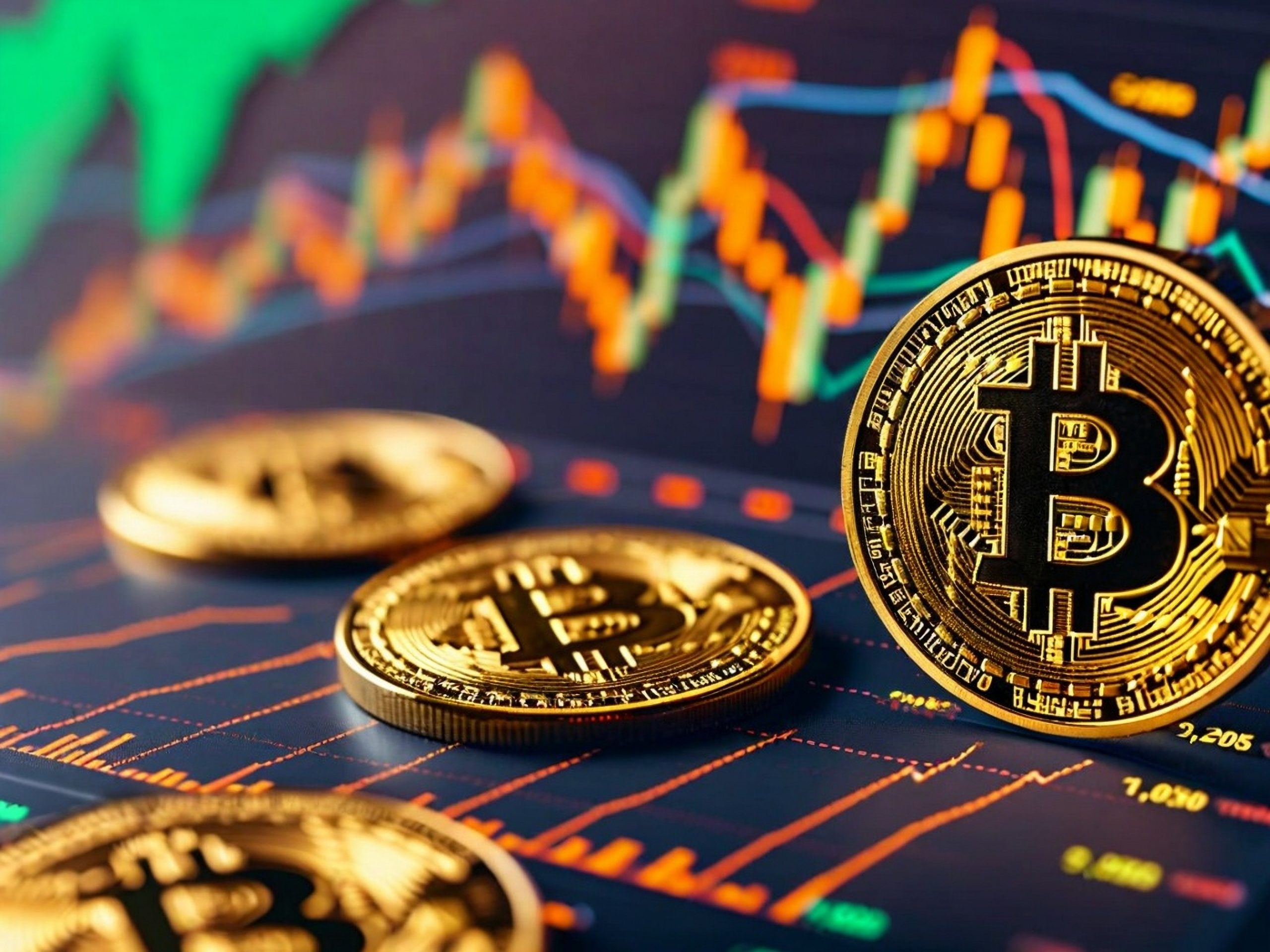 Vier goldene Bitcoin-Token sind auf einer Fläche platziert, die bunte Bitcoin-Kursdiagramme und Kryptowährungsgrafiken zeigt.