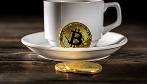 Eine weiße Kaffeetasse und eine Untertasse stehen auf einem Holztisch, eine goldene Krypto-Bitcoin-Münze lehnt an der Tasse und zwei weitere Münzen liegen auf dem Tisch.