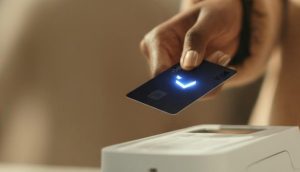 Eine Person hält eine kontaktlose Visa-Karte über ein Zahlungsterminal und bereitet sich darauf vor, eine Transaktion durchzuführen und ihr Geld nahtlos zu verwalten.