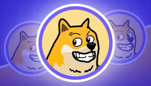 Cartoon-Illustration von Maxi Doge, einem Shiba Inu mit einem schelmischen Grinsen, zentriert in einem blauen runden Rahmen mit zwei verblassten Duplikaten im Hintergrund - eine verspielte Dogecoin-Alternative zum US-Dollar.
