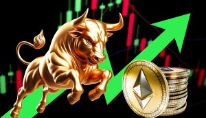 Die Grafik zeigt einen Bullen, neben einer Ethereum-Münze und einen grünen, nach oben gerichteten Pfeil. Es soll steigende ETH-Kurse signalisieren