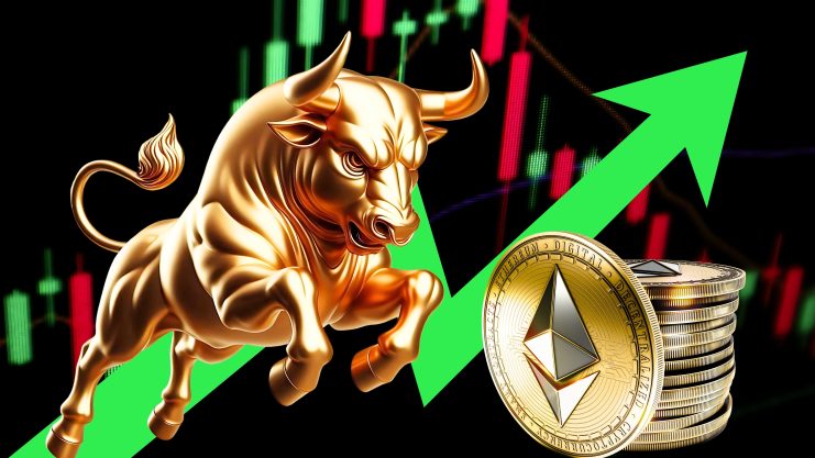 Die Grafik zeigt einen Bullen, neben einer Ethereum-Münze und einen grünen, nach oben gerichteten Pfeil. Es soll steigende ETH-Kurse signalisieren
