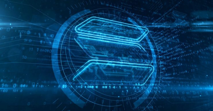 Digitale Illustration des Solana-Blockchain-Logos mit leuchtenden blauen Linien, umgeben von abstrakten Daten und Code-Elementen auf einem dunklen Hintergrund, mit subtilen DoubleZero-Akzenten für einen modernen Touch.
