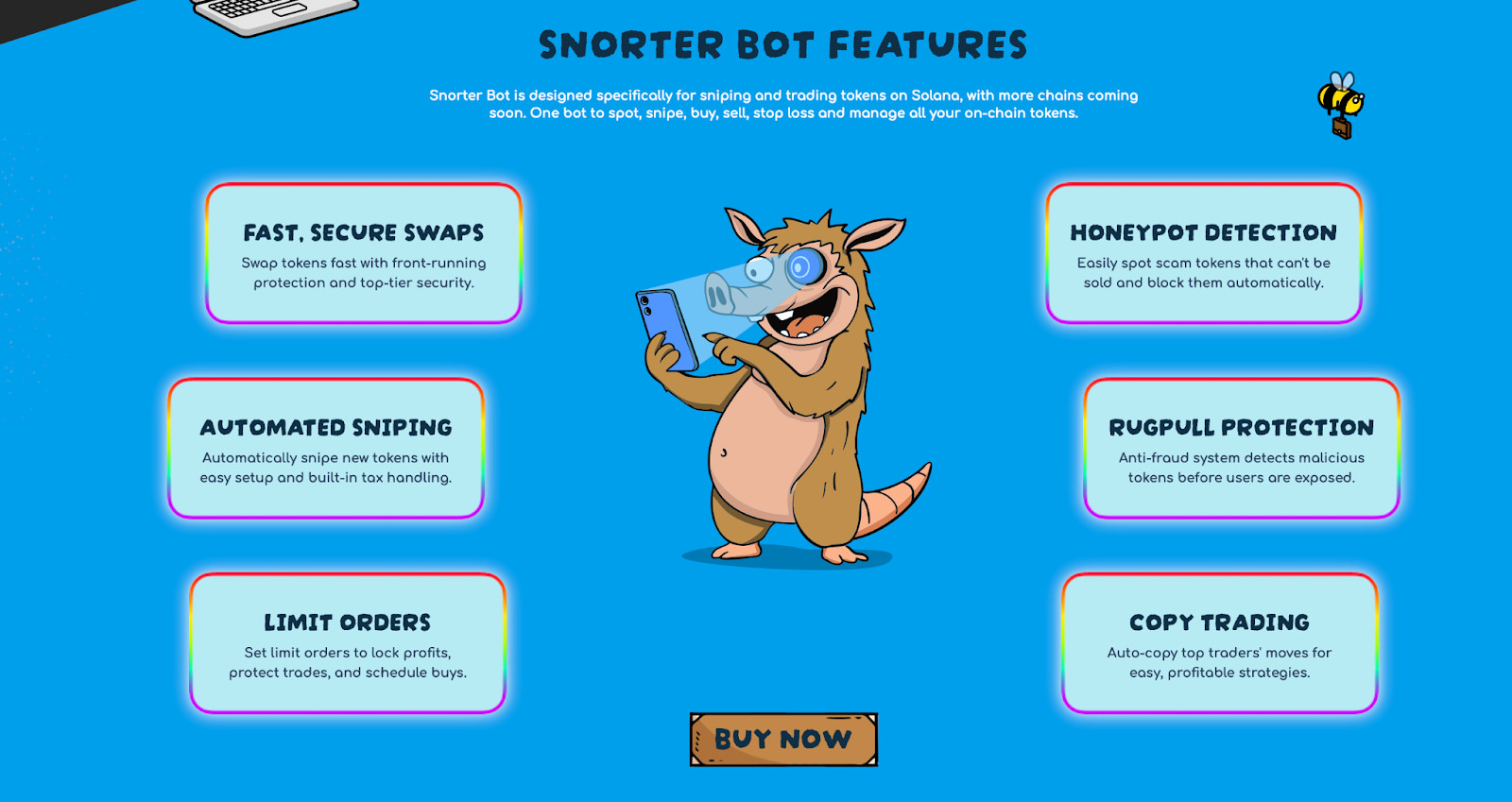 image Ein Cartoon-Erdferkel, das ein Telefon in der Hand hält, ist von sechs beschrifteten Kästen umgeben, in denen die Funktionen des Snorter-Bots wie Swaps, Sniping, Orderlimits, Erkennung, Schutz und Handel für SNORT und andere Memecoins auf PEPENODE beschrieben sind.