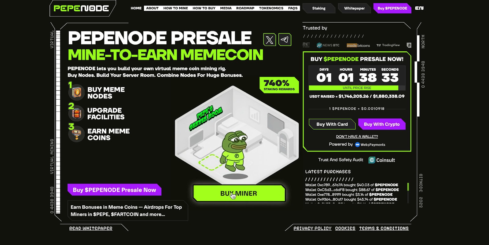 image Screenshot der Website, die für den PEPENODE Presale wirbt, einen HYPER mine-to-earn memecoin, mit einem Cartoon-Frosch in einem virtuellen Mining-Raum, der die Vorverkaufsstatistiken und Kaufoptionen für Altcoins zeigt.