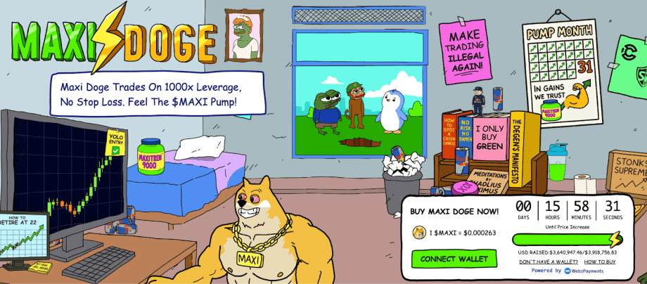 image Ein Cartoon-Hund mit einer Goldkette sitzt an einem Computerschreibtisch, der mit Krypto-Markt-Update-Informationen gefüllt ist. Der Raum ist mit Postern, Diagrammen und humorvoller Krypto-Deko dekoriert, perfekt für Krypto-Fans auf der Suche nach neuen Coins.