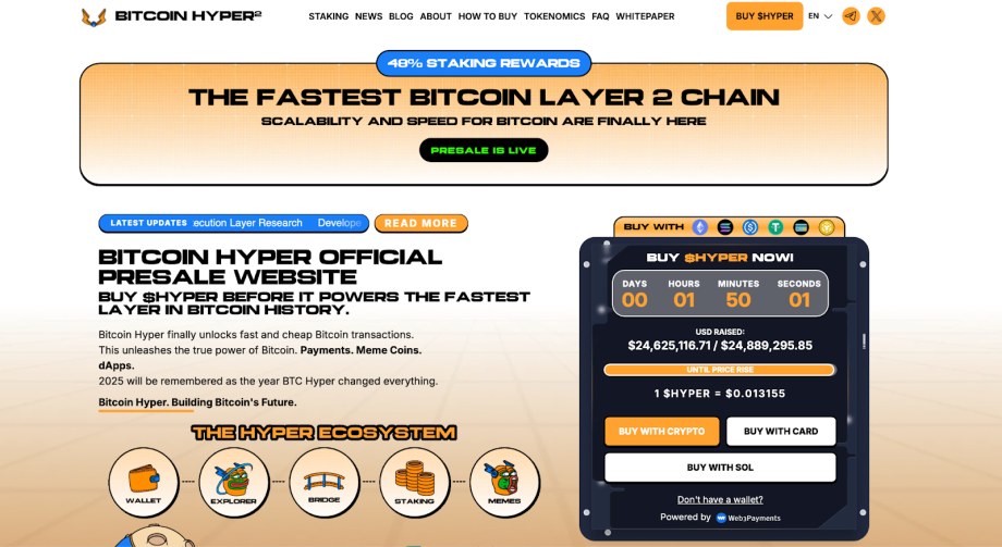 image Screenshot der Bitcoin-Hyper-Homepage, auf der die Krypto-Vorverkäufe, die Einsatzprämien, der Countdown-Timer und die Funktionen des HYPER-Blockchain-Ökosystems hervorgehoben werden.