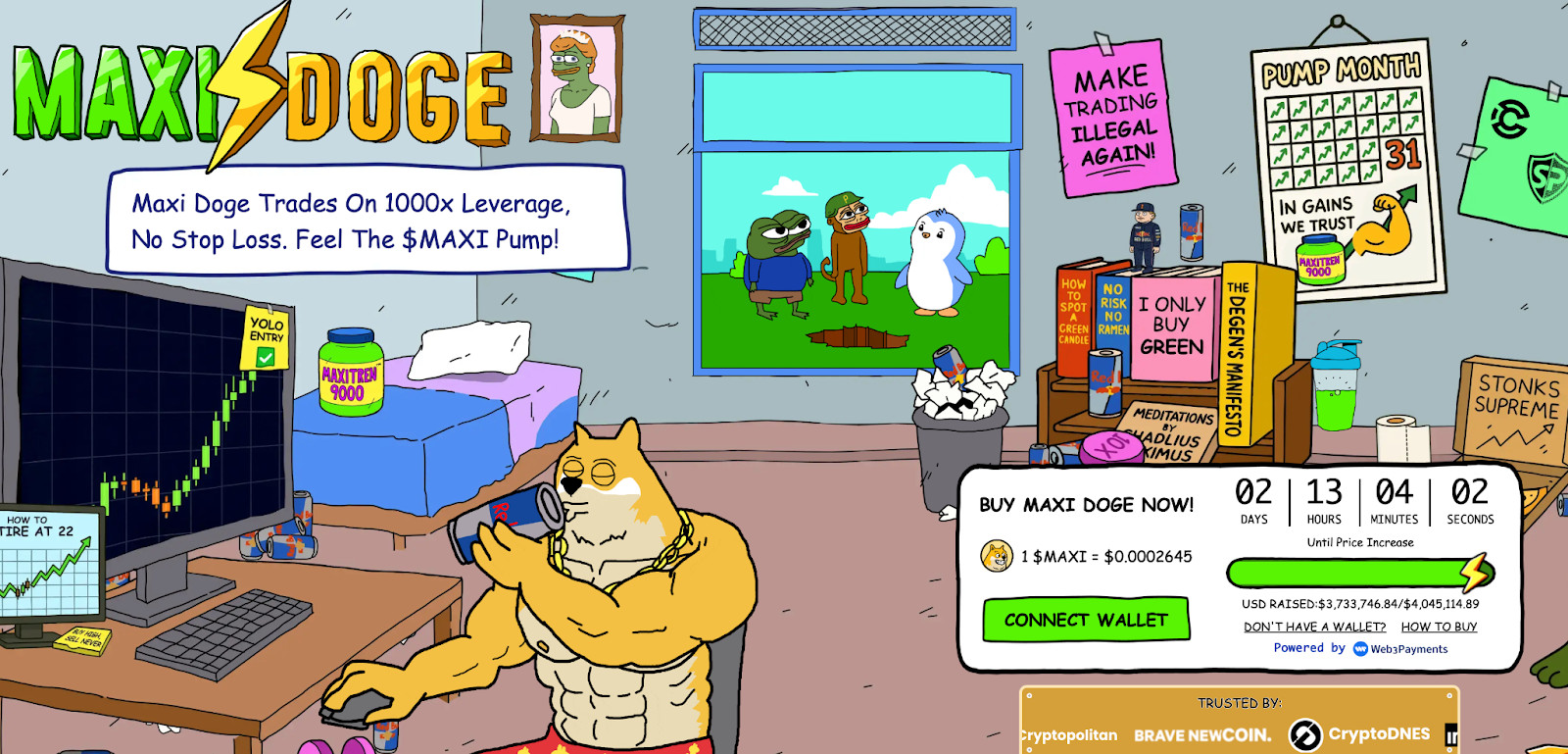 image Ein muskulöser Hund sitzt an einem Computer, der mit Kryptowährungen handelt und die Krypto-Vorverkäufe überwacht, umgeben von Postern, Memes und Handelsbildschirmen in einem unübersichtlichen, bunten Maxi-Doge-Raum.