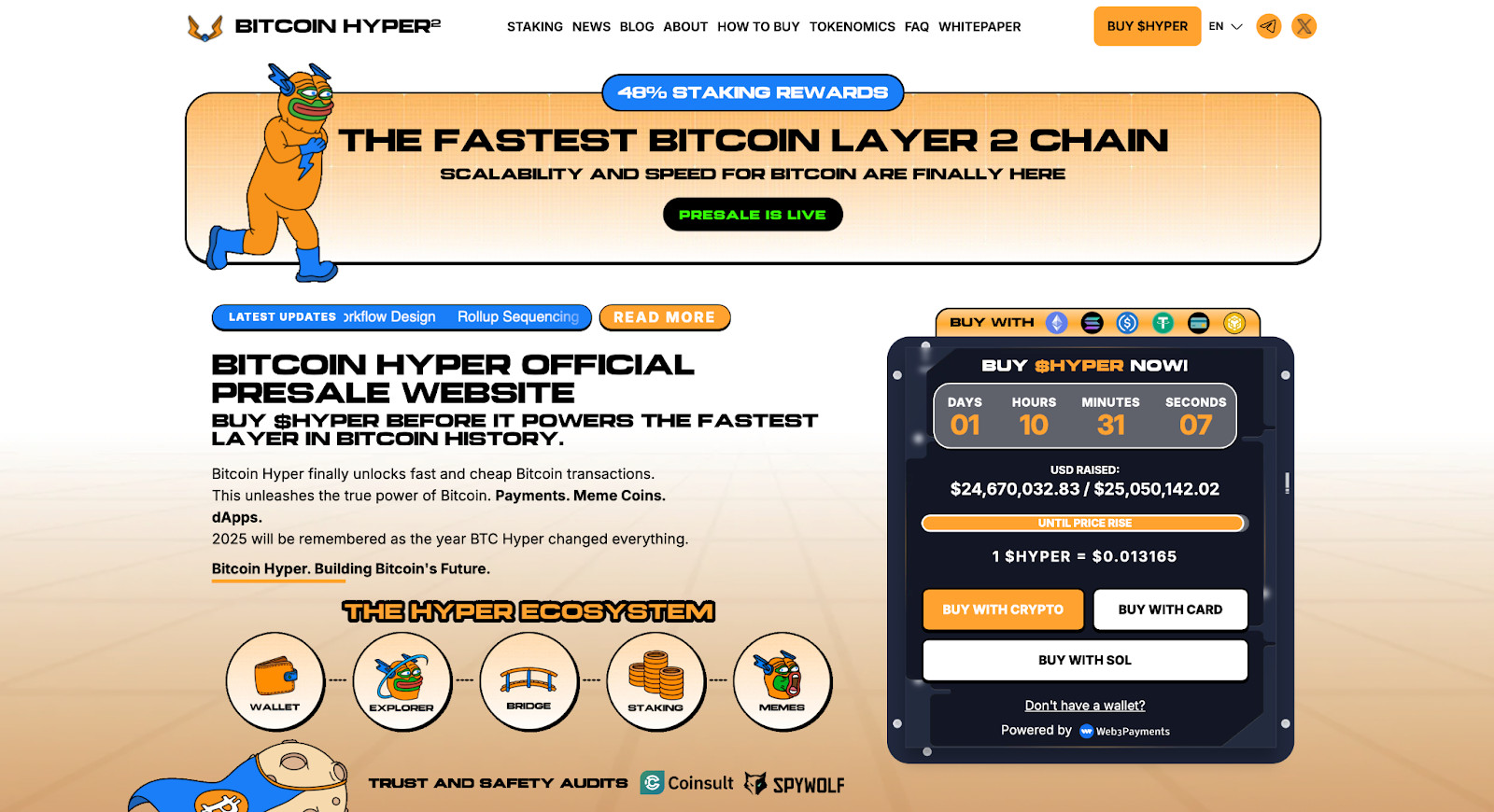image Screenshot der offiziellen Bitcoin-Hyper-Homepage mit Details zum Vorverkauf, einer Maskottchen-Illustration und einer Kaufoberfläche, die die Gesamtsumme der gesammelten Spenden, die verbleibende Zeit und die Kaufoptionen für das Bitcoin-L2-Projekt anzeigt.