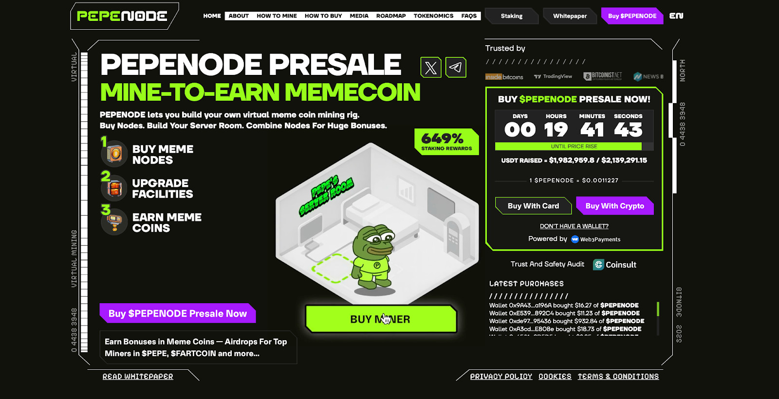 image Screenshot einer Website, die für den PEPE NODE-Vorverkauf wirbt, mit einem Cartoon-Frosch, einem Countdown-Timer und der Möglichkeit, mit Karte oder Kryptowährung zu kaufen - ein Hinweis auf die Markteinführung von Memecoins im November, die sich großer Beliebtheit erfreuen werden.