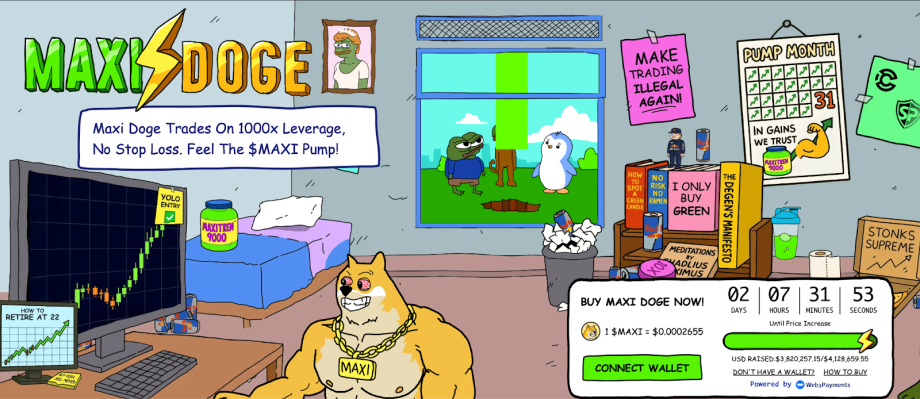 image Cartoonartiges Bild eines muskulösen Hundes, der Goldketten trägt, in einem überfüllten Schlafzimmer mit Memecoins-Referenzen, Charts, Meme-Postern und einem Fenster, das Pepe den Frosch und eine Gans draußen zeigt - bereit, im November zu explodieren.