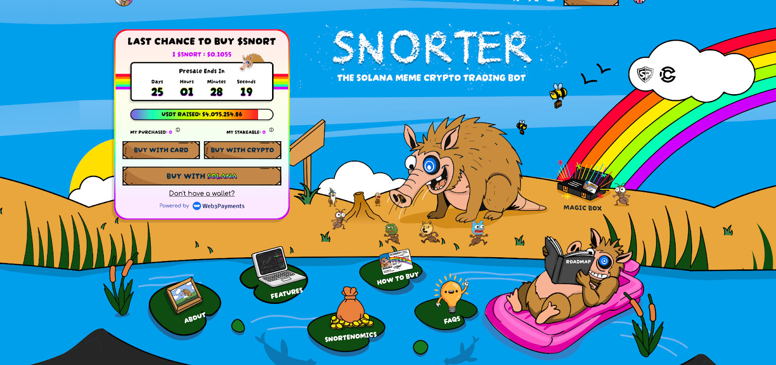 image Cartoon-Szene mit einem Wildschwein auf einer Insel mit einem SNORT Crypto-Trading-Bot-Vorverkaufs-Countdown auf der linken Seite und verschiedenen anklickbaren Memecoins-Symbolen, die auf dem Wasser im Vordergrund schwimmen.