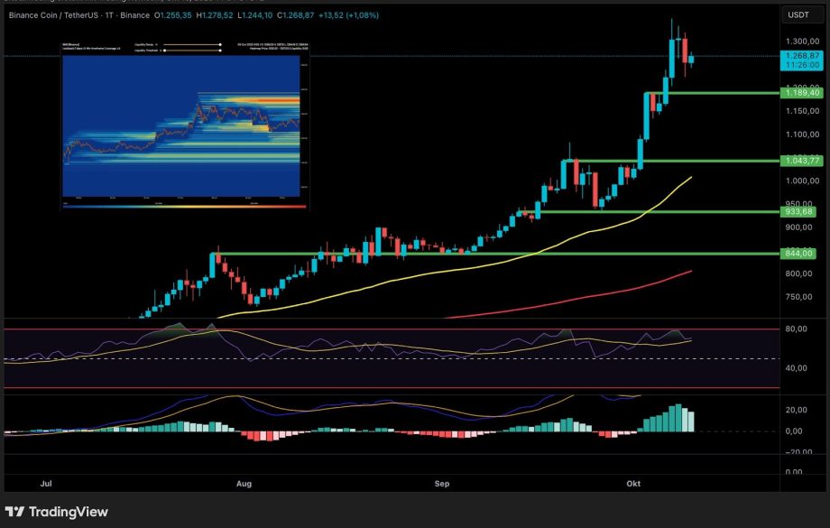 image Candlestick-Chart von Binance Coin (BNB/USDT) mit Unterstützungsniveaus, gleitenden Durchschnitten, RSI, MACD und einer Heatmap, die die Verteilung des BNB-Handelsvolumens zeigt.