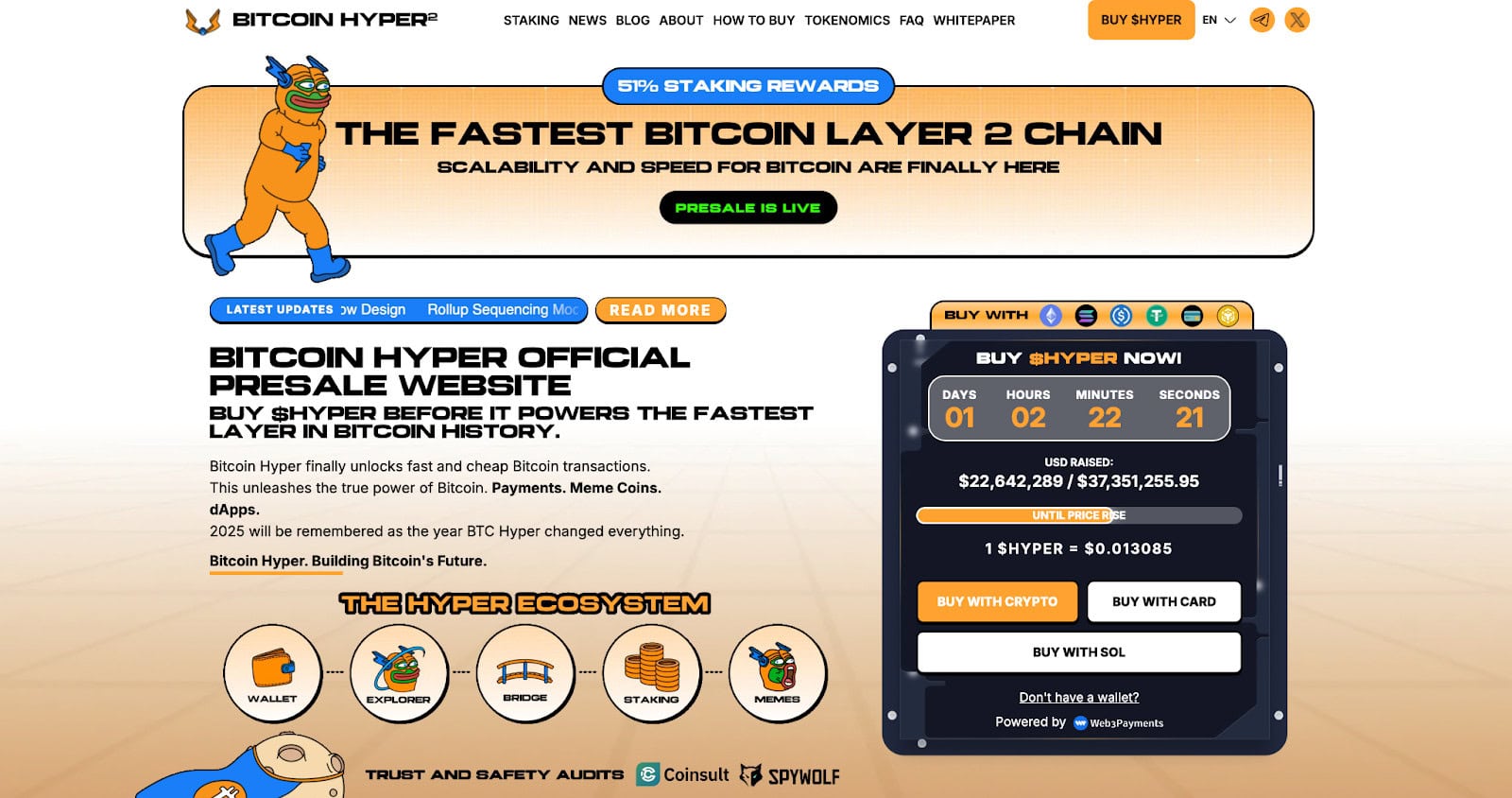 image Screenshot der Bitcoin-Hyper-Website, die für den Vorverkauf der HYPER Bitcoin Layer 2-Kette mit Staking-Belohnungen, einem Countdown-Timer und mit Symbolen illustrierten Ökosystem-Funktionen wirbt - perfekt für Altcoin-Enthusiasten.