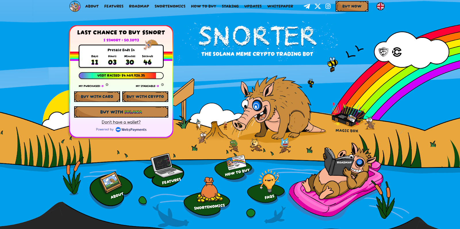 image Cartoon-Eber mit einem Laptop in einem Fluss, ein bunter Regenbogen über dem Kopf und die Snorter-Bot-Handelsschnittstelle, die den Countdown für den Kauf von $SNORTER-Token anzeigt - eine potenzielle 100-fache Münze! Beschriftete Icons schwimmen im Wasser.