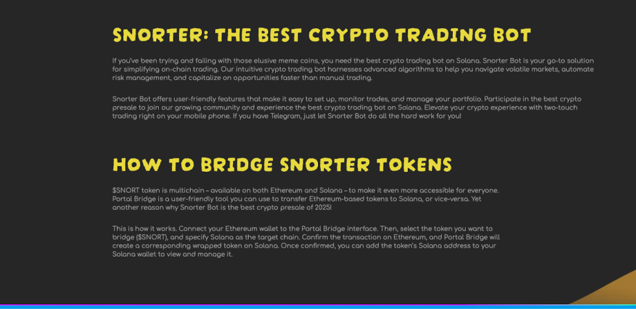 image Screenshot einer Webseite, die für Snorter-Bot wirbt, einen Krypto-Handels-Bot für Solana, mit einer Schritt-für-Schritt-Anleitung zum Überbrücken von Snorter-Token zwischen Ethereum und Solana.