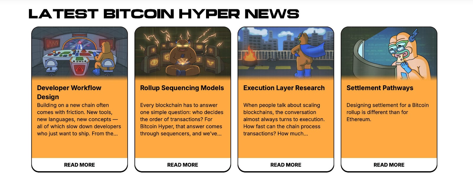 image Eine Reihe von vier illustrierten Nachrichtenkarten über Bitcoin-Themen, einschließlich Bitcoin Hyper und bester Bitcoin, jeweils mit einer Cartoon-Figur und einer kurzen Zusammenfassung unter fetten Überschriften.