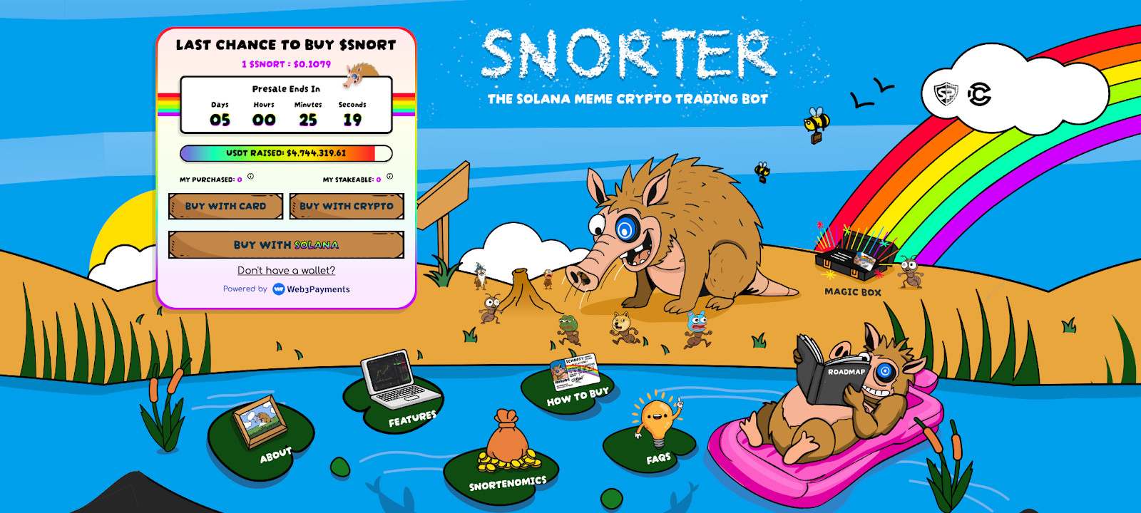 image Ein Cartoon-Eber mit Brille liegt auf einem Schwimmer in einem Teich, umgeben von Icons und Text, der für den Snorter-Presale Trading Bot namens SNORTER wirbt. Ein Countdown-Timer und Kaufoptionen heben Ihre letzte Chance zum Mitmachen hervor.