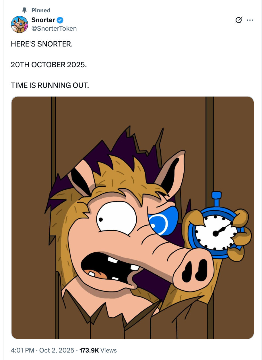 image Cartoon-Tier bricht durch eine Holzwand, hält eine Stoppuhr und schaut alarmiert. Text darüber kündigt Snorter-Presale mit Datum und "letzte Chance - Time is running out for this Trading-Bot!.