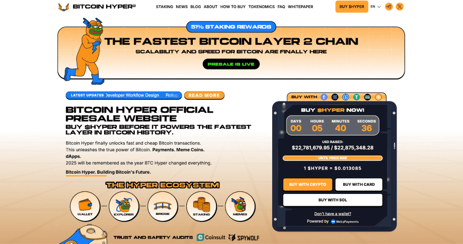 image Screenshot der Homepage von Bitcoin Hyper mit einem Vorverkaufsangebot, einem Countdown-Timer und Informationen darüber, warum Bitcoin Hyper der beste Bitcoin Layer 2 ist, der bereit ist, explodiert zu werden.