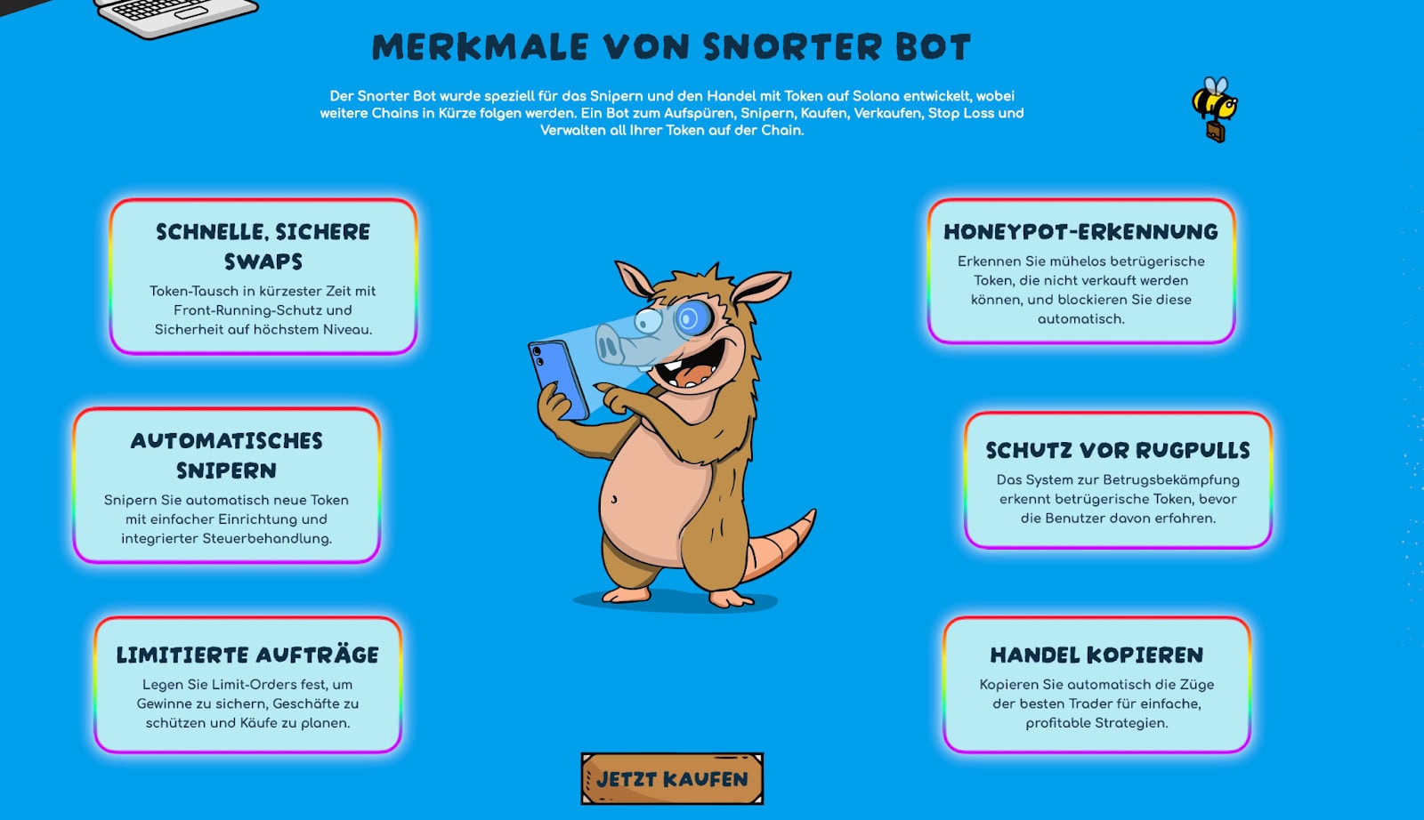 image Ein Cartoon-Eber, der ein VR-Headset trägt, steht in der Mitte, umgeben von sechs blauen Feature-Boxen, die die Funktionen des Snorter Trading-Bots beschreiben und den Snorter-Presale als die letzte Chance einzusteigen hervorheben.