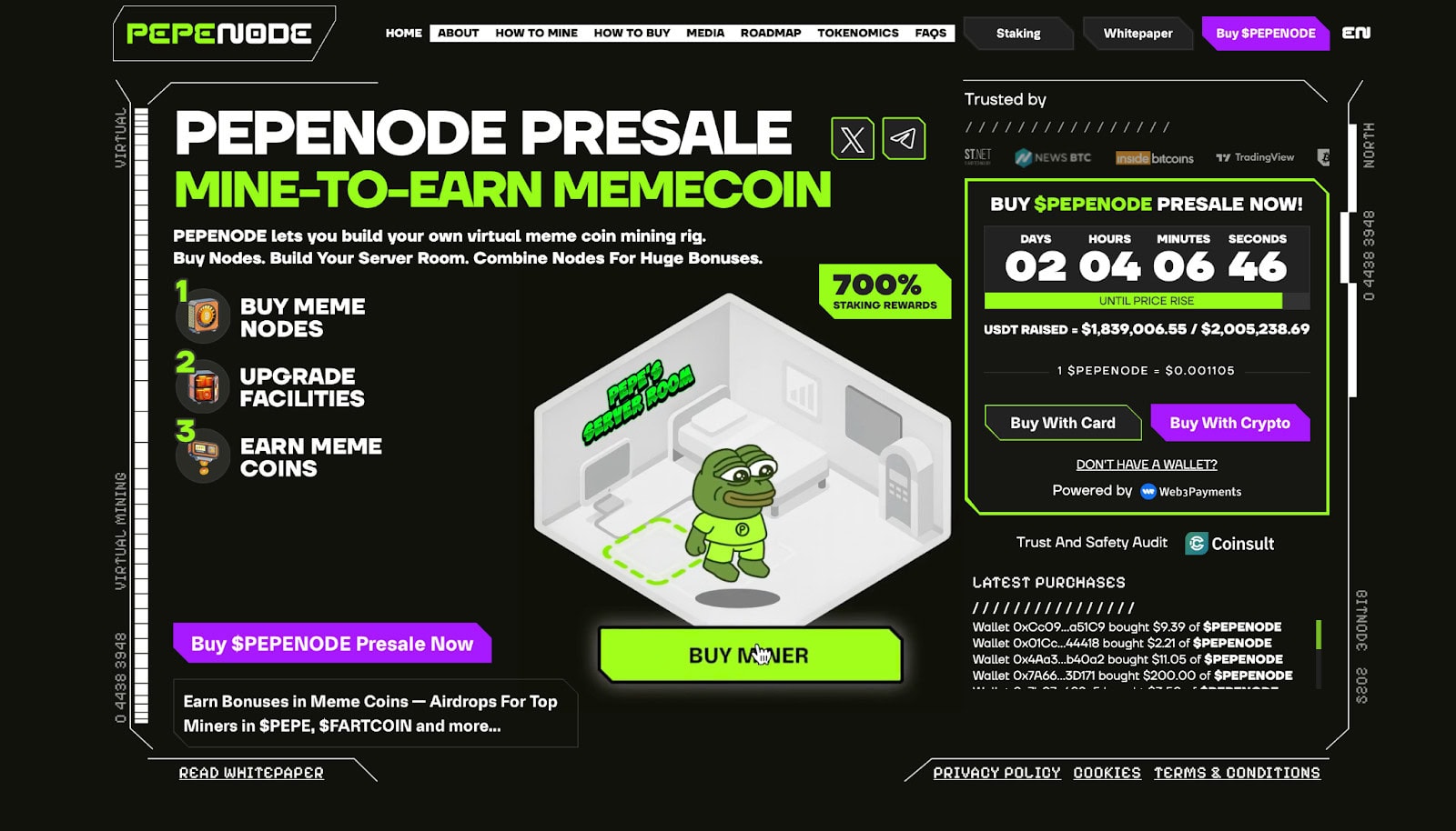image Eine Website, die den Pepenode-Vorverkauf bewirbt, mit einem Cartoon-Frosch-Maskottchen, Countdown-Timer, Jetzt-kaufen-Buttons und Infos für Krypto-Fans, wie man Meme-Coins durch Mining oder Upgrades von Nodes verdient, plus Krypto-Markt-Update und News zu neuen Coins.