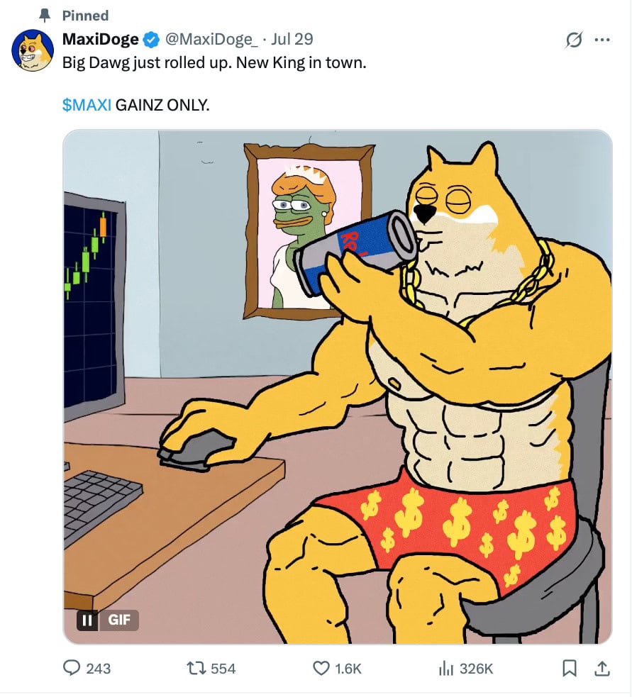 Ein muskulöser Doge in Shorts mit Dollarzeichen und Goldkette trinkt einen Energy-Drink an einem Computer, während im Hintergrund ein Porträt von Pepe dem Frosch und "Automatisch gespeicherter Entwurf" auf dem Bildschirm angezeigt werden.