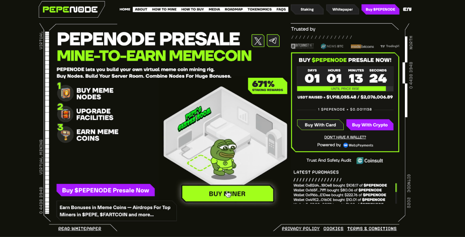 image Screenshot einer Webseite für PEPENODE PRESALE, die einen HYPER-Mine-to-Earn Memecoin mit einer Cartoon-Froschfigur und detaillierten Krypto-Vorverkaufs- und Kaufinformationen bewirbt.