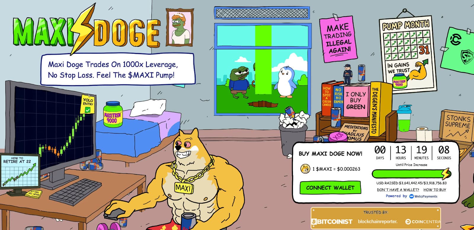 Cartoon eines muskulösen Shiba Inu-Hundes an einem Computer mit Krypto-Charts und einem "Automatisch gespeicherter Entwurf"-Hinweis, der für den MAXI DOGE-Handel mit hoher Hebelwirkung in einem unübersichtlichen Raum voller Krypto-Poster und einem Countdown-Timer wirbt.