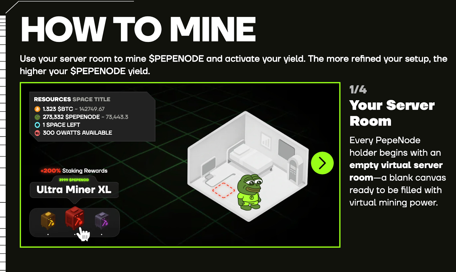 image Eine digitale Illustration zeigt eine Pepe-Zeichentrickfigur in einem virtuellen HYPER-Serverraum mit Mining-Statistiken auf der linken Seite und Anweisungen zur Einrichtung eines virtuellen Servers zum Mining von $PEPENODE und zur Teilnahme an Krypto Presales auf der rechten Seite.