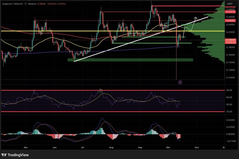 image Dogecoin-Kursdiagramm mit Unterstützungs- und Widerstandslinien, Handelsvolumen, RSI- und MACD-Indikatoren; ein Aufwärtspfeil auf dem Dogecoin-Diagramm deutet auf einen möglichen Kursanstieg hin.