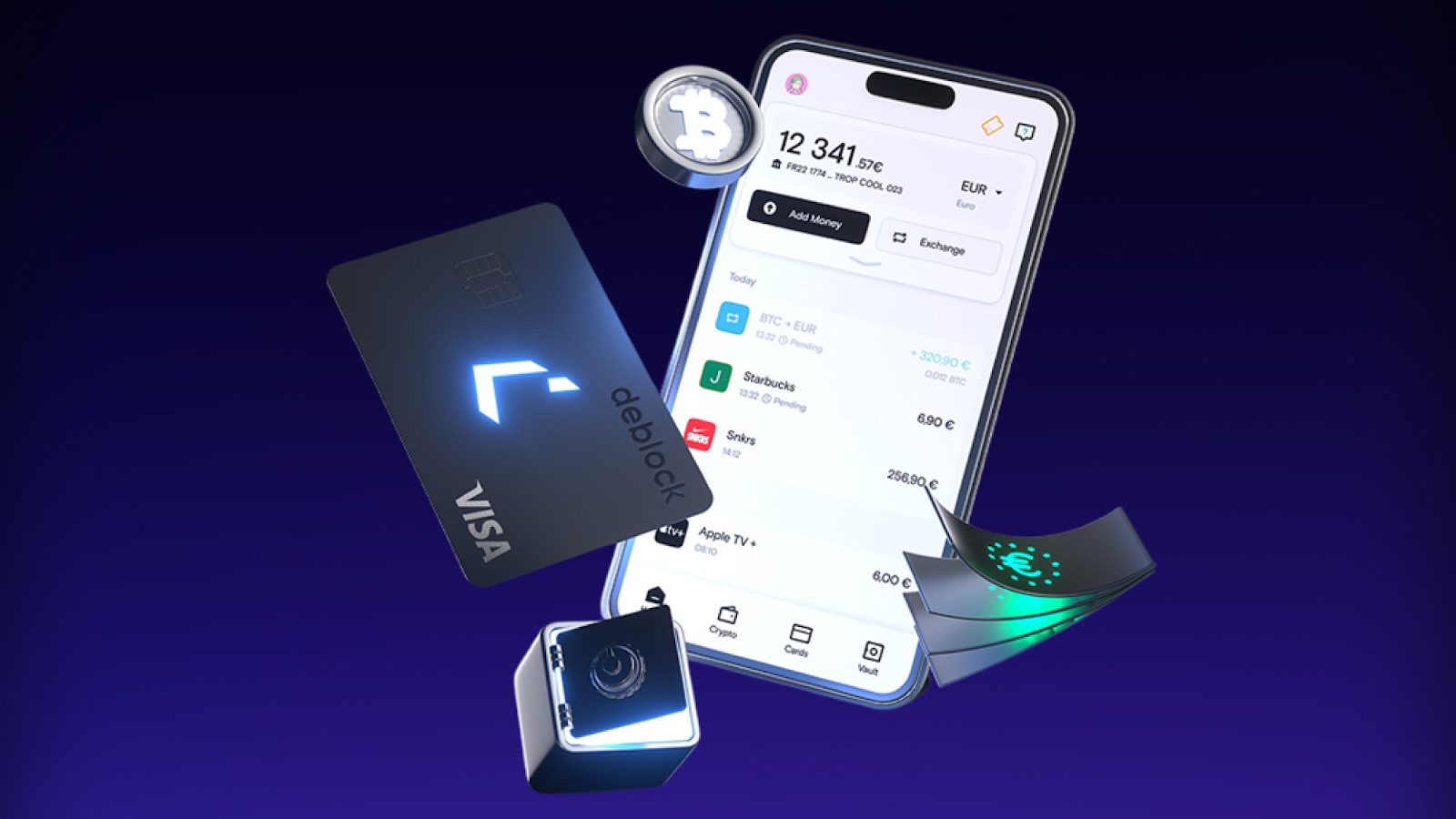 image Ein Smartphone zeigt eine digitale Banking-App, umgeben von einer Visa-Karte, einem Bitcoin-Symbol, einem QR-Code und futuristischen technischen Elementen auf einem dunklen Hintergrund - perfekt für die Verwaltung von automatisch gespeichertem Entwurf und modernen Finanzen.