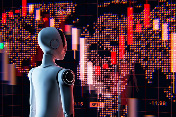 ChatGPT und Co. traden gegeneinander mit Krypto – und alle verlieren Ein humanoider Roboter, der von ChatGPT angetrieben wird, beobachtet eine digitale Weltkarte mit roten Finanz-Candlestick-Charts und sinkenden Börsendaten.